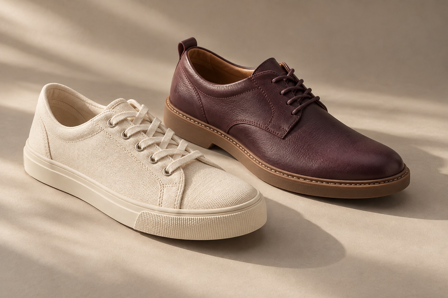 Illustrative cream canvas sneaker and plum leather shoe in warm studio light